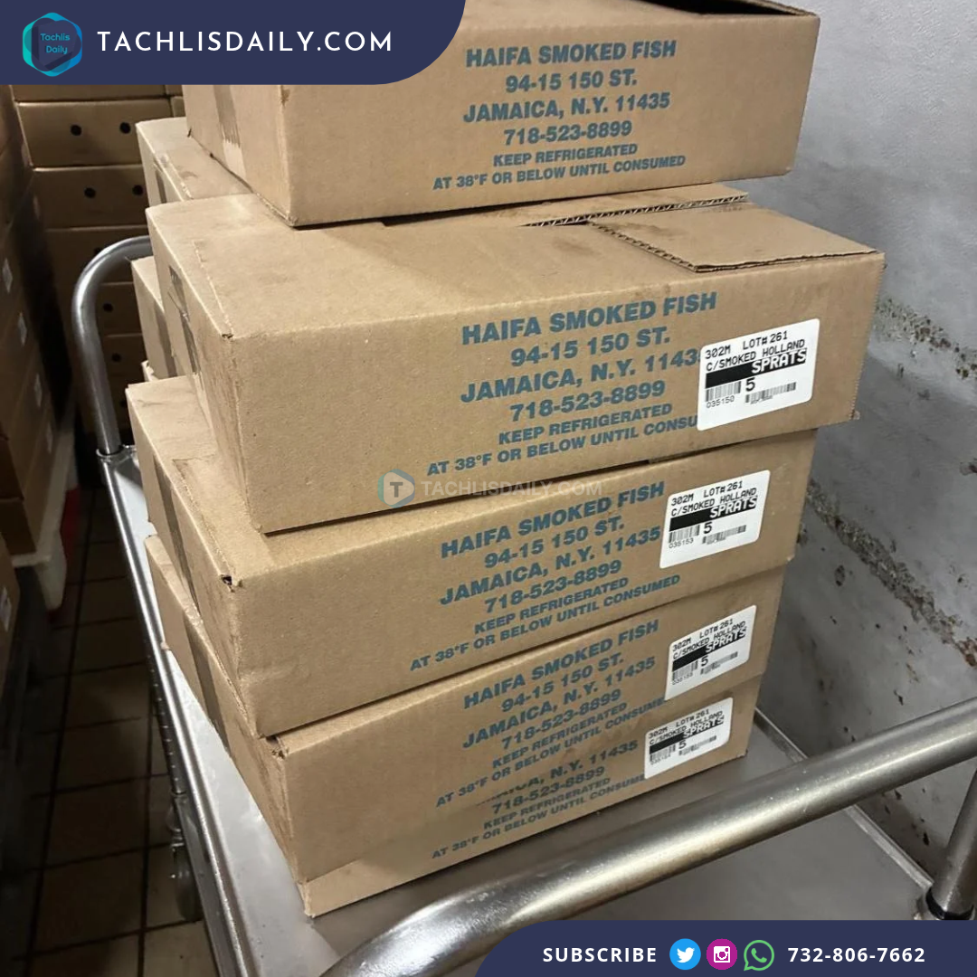 Haifa Smoked Fish shipping boxes labeled cold-smoked sprats. All lots of this product are recalled.
