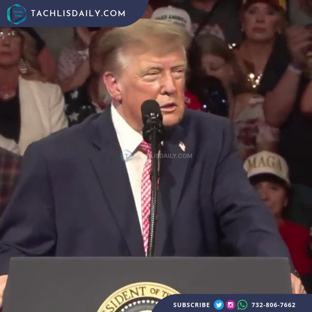 President Donald Trump speaking at the Kansas rally, in the Tachlis Daily full-bleed news layout.