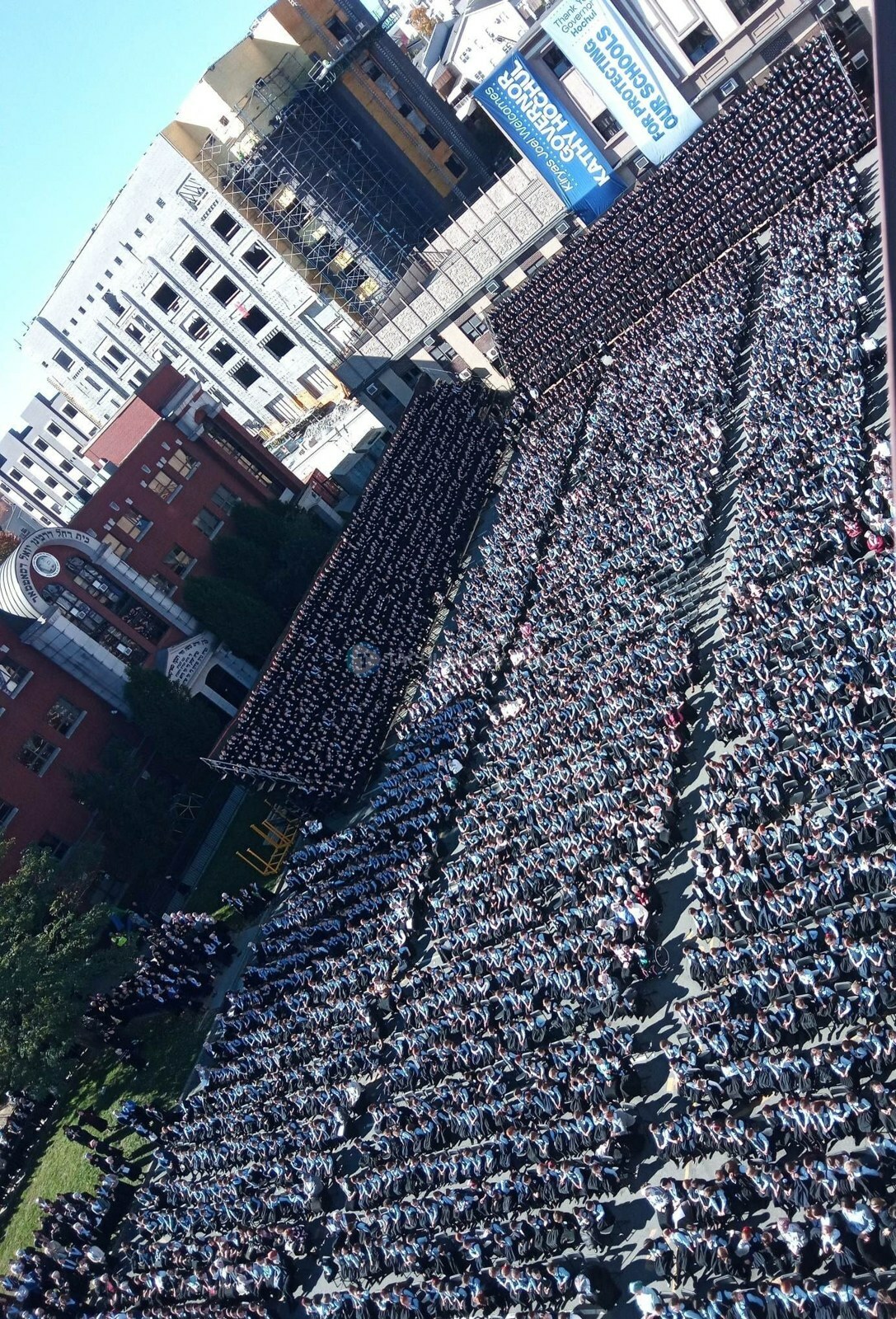 Aerial view of thousands of Bais Rochel students in Kiryas Joel